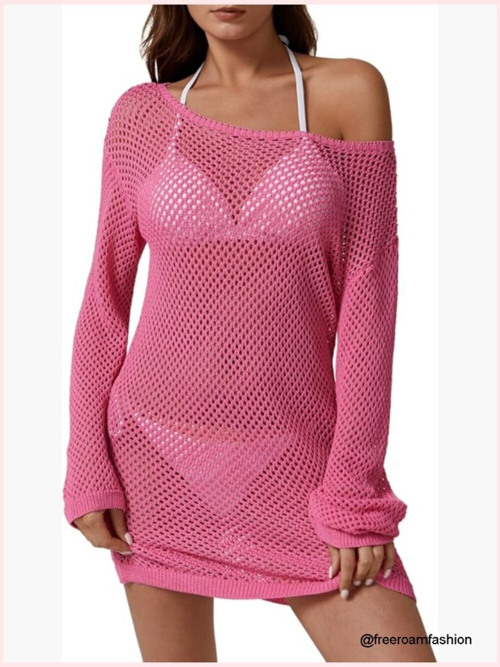 Crochet Knit Boat Neck Swim Cover Up Long Sleeve Beach Dress